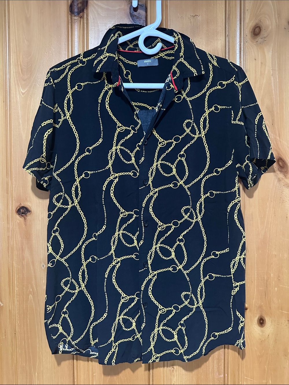 Men's Black Short-Sleeve Button-Up Shirt with Gold Chain Print